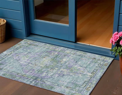 3' X 5' Teal Blue Lavender And Ivory Oriental Washable Indoor Outdoor Area Rug HomeRoots