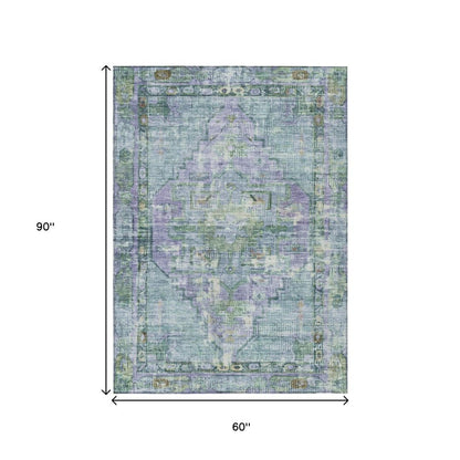 5' X 8' Teal Blue Lavender And Ivory Oriental Washable Indoor Outdoor Area Rug HomeRoots