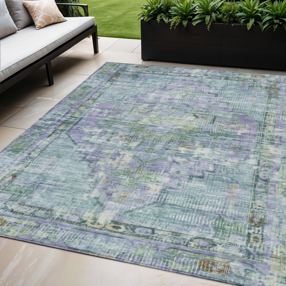 5' X 8' Teal Blue Lavender And Ivory Oriental Washable Indoor Outdoor Area Rug HomeRoots