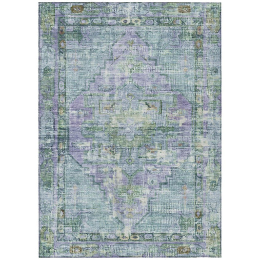 5' X 8' Teal Blue Lavender And Ivory Oriental Washable Indoor Outdoor Area Rug