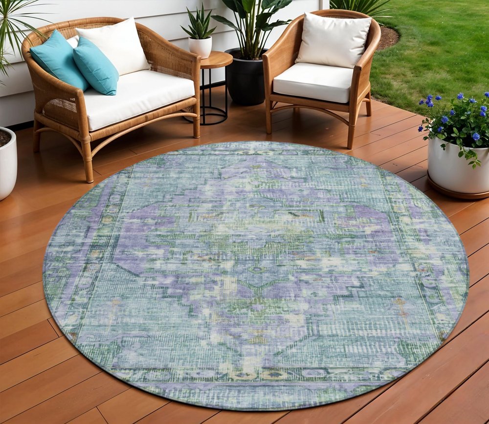 8' Teal Blue Lavender And Ivory Round Oriental Washable Indoor Outdoor Area Rug HomeRoots