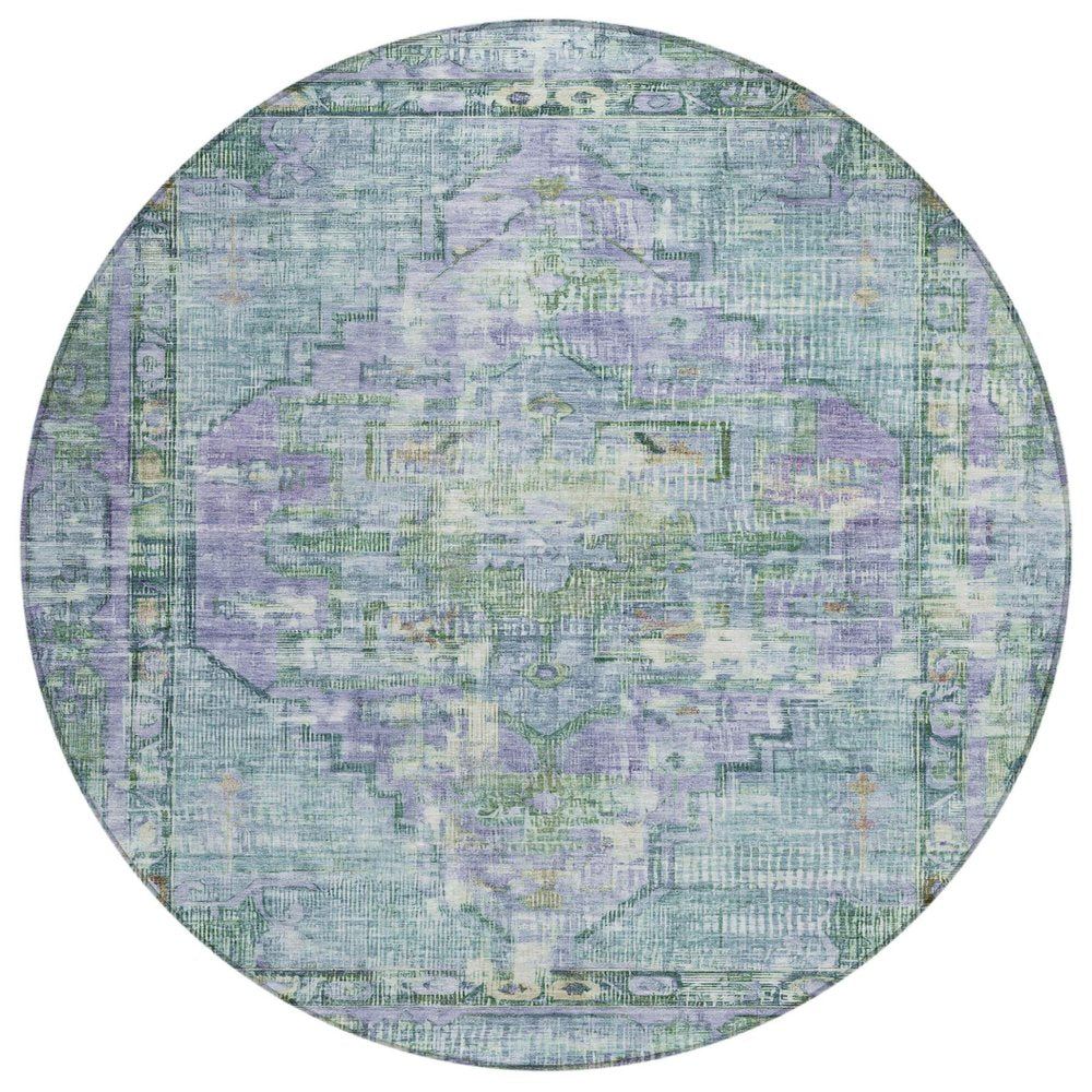 8' Teal Blue Lavender And Ivory Round Oriental Washable Indoor Outdoor Area Rug — view 1