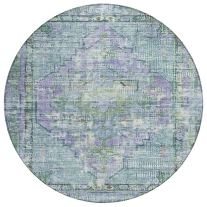 8' Teal Blue Lavender And Ivory Round Oriental Washable Indoor Outdoor Area Rug HomeRoots