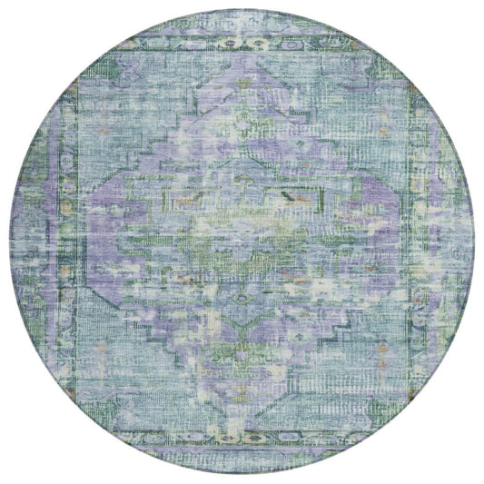 8' Teal Blue Lavender And Ivory Round Oriental Washable Indoor Outdoor Area Rug