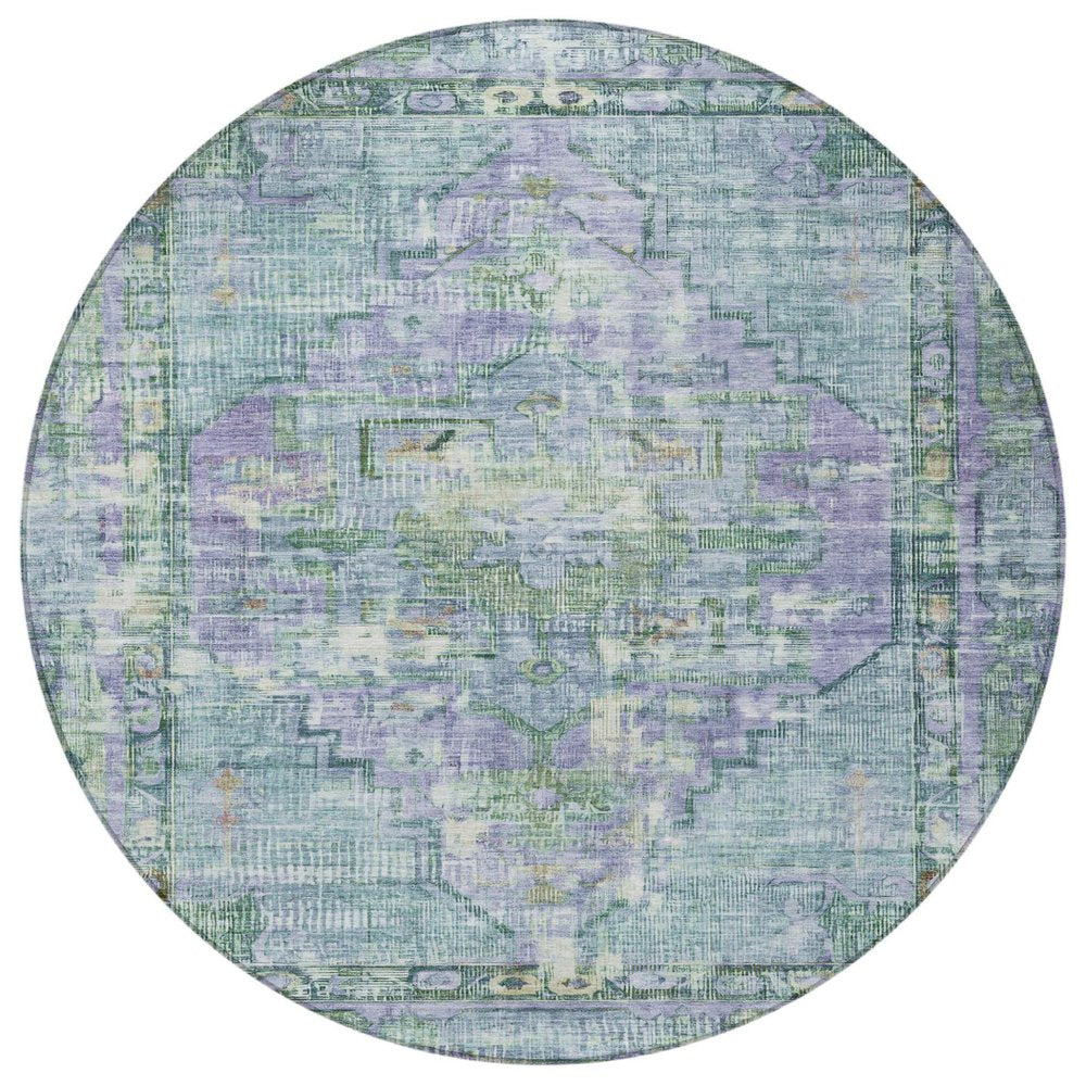8' Teal Blue Lavender And Ivory Round Oriental Washable Indoor Outdoor Area Rug HomeRoots