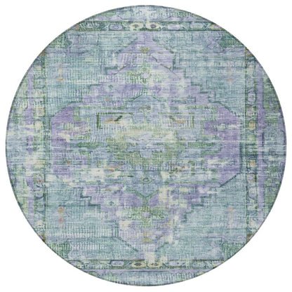 8' Teal Blue Lavender And Ivory Round Oriental Washable Indoor Outdoor Area Rug HomeRoots