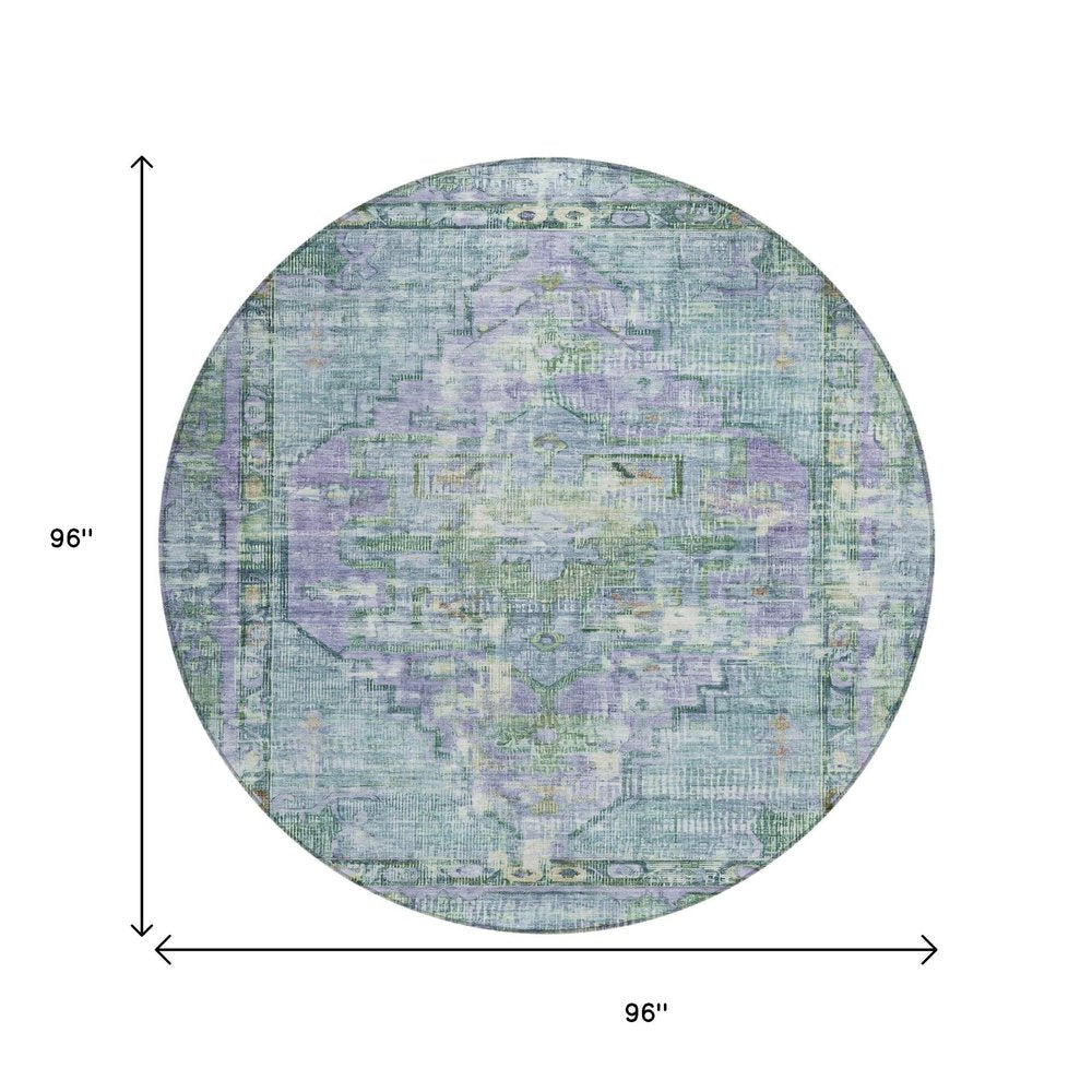 8' Teal Blue Lavender And Ivory Round Oriental Washable Indoor Outdoor Area Rug HomeRoots