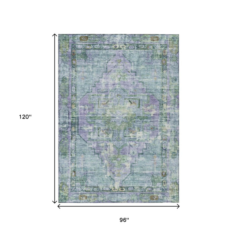 8' X 10' Teal Blue Lavender And Ivory Oriental Washable Indoor Outdoor Area Rug HomeRoots