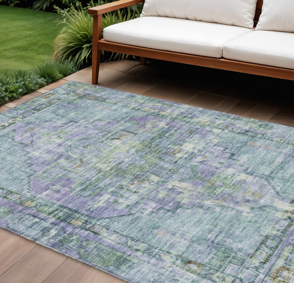 8' X 10' Teal Blue Lavender And Ivory Oriental Washable Indoor Outdoor Area Rug — view 7
