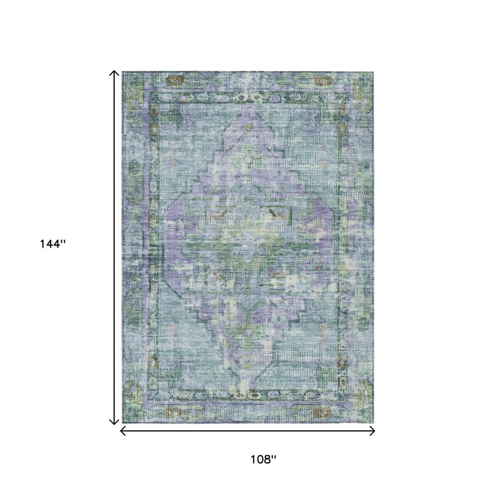 9' X 12' Teal Blue Lavender And Ivory Oriental Washable Indoor Outdoor Area Rug — view 6