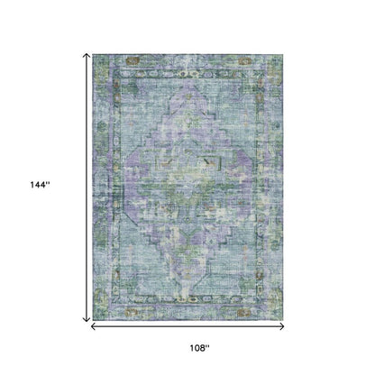 9' X 12' Teal Blue Lavender And Ivory Oriental Washable Indoor Outdoor Area Rug HomeRoots