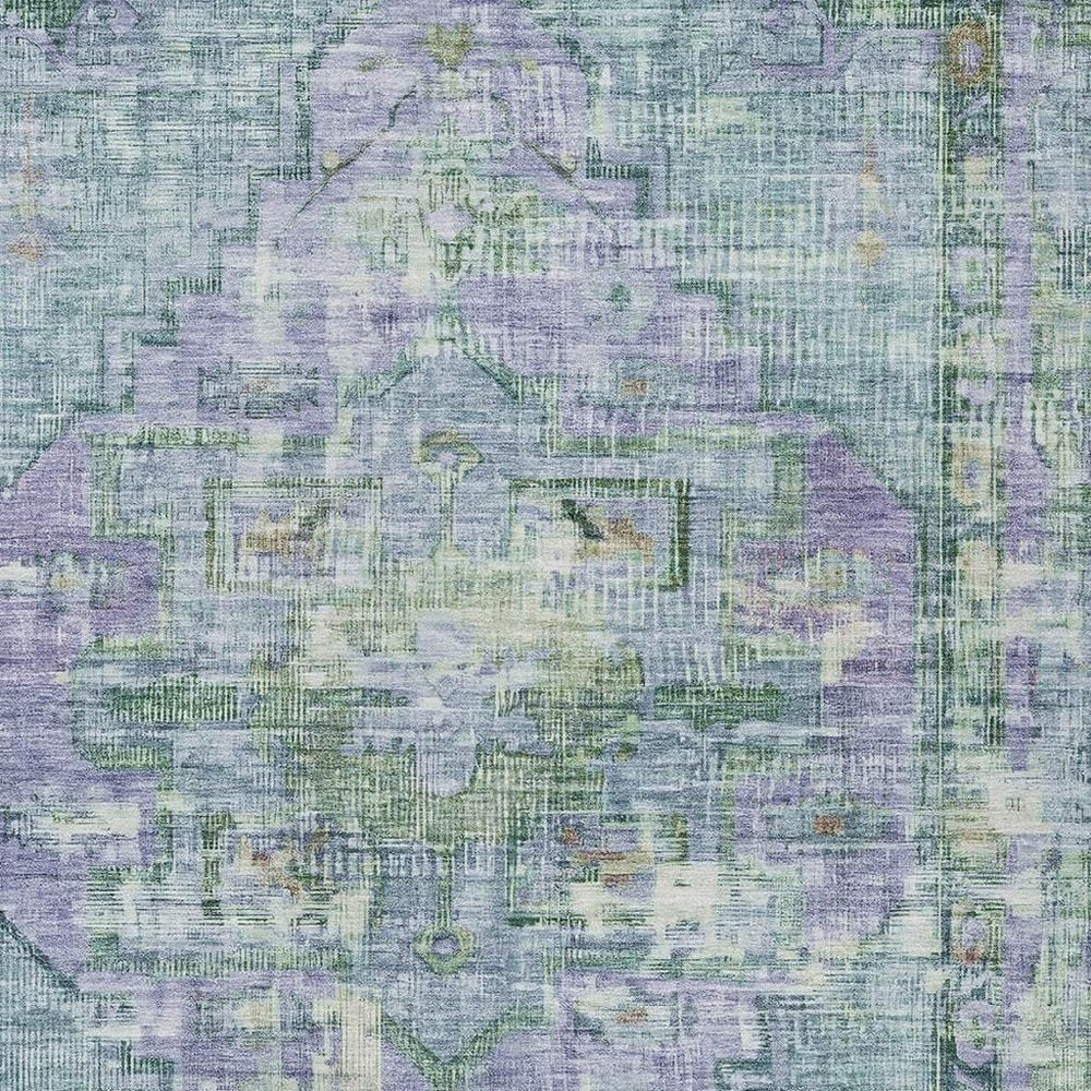 9' X 12' Teal Blue Lavender And Ivory Oriental Washable Indoor Outdoor Area Rug — view 9