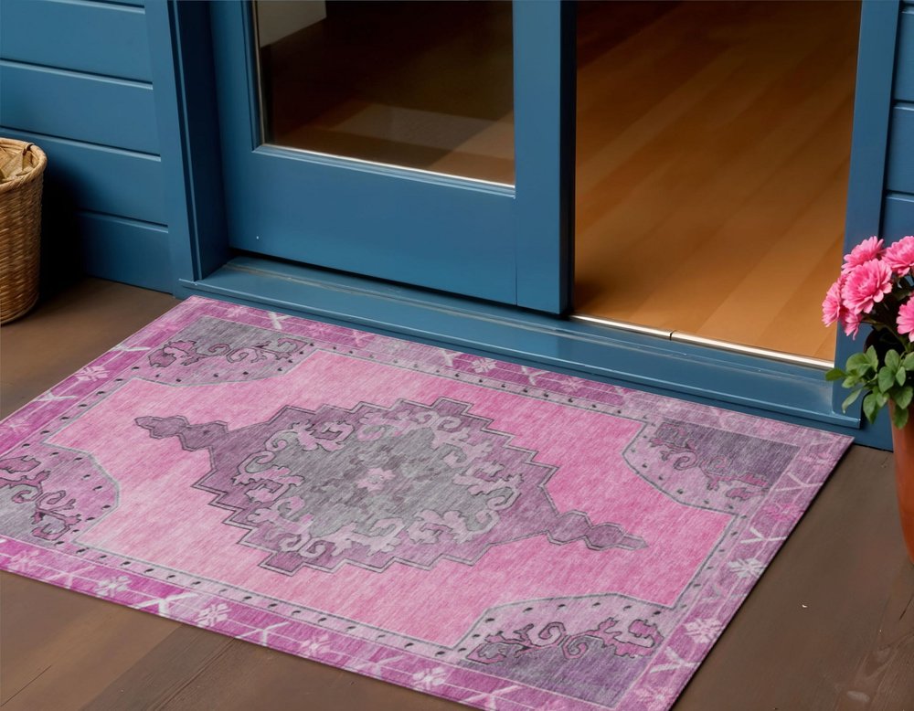 3' X 5' Pink And Blush Geometric Washable Indoor Outdoor Area Rug — view 8