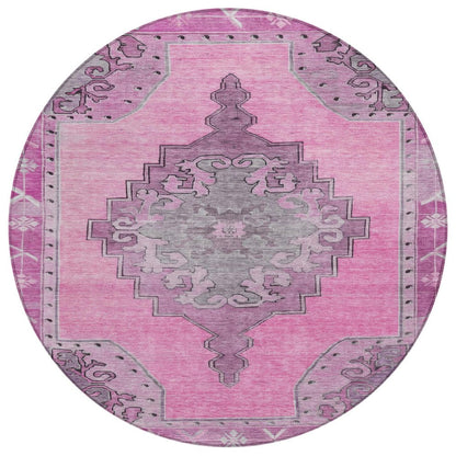 8' Pink And Blush Round Geometric Washable Indoor Outdoor Area Rug HomeRoots