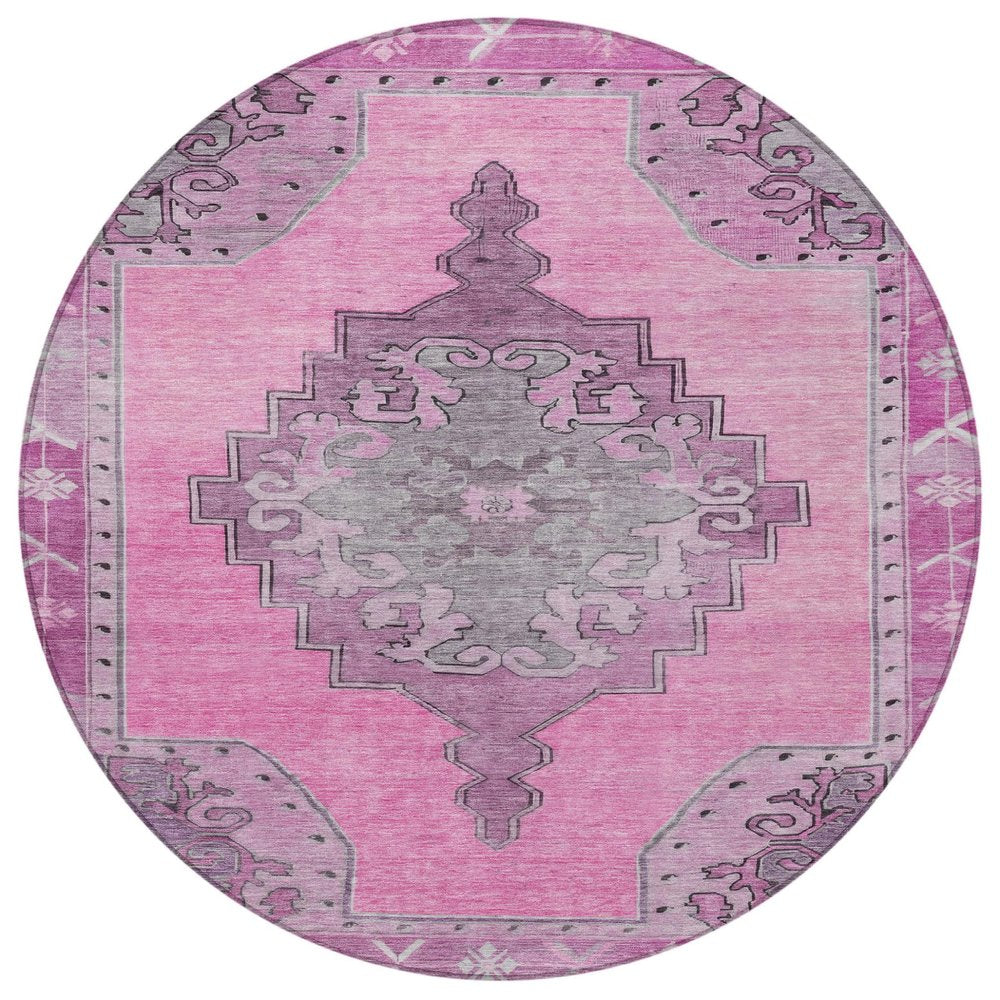 8' Pink And Blush Round Geometric Washable Indoor Outdoor Area Rug — view 6