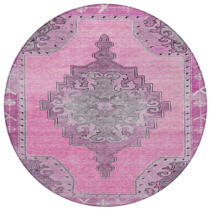 8' Pink And Blush Round Geometric Washable Indoor Outdoor Area Rug HomeRoots