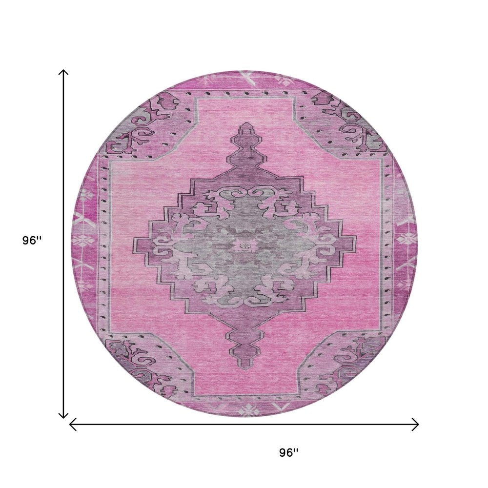 8' Pink And Blush Round Geometric Washable Indoor Outdoor Area Rug HomeRoots