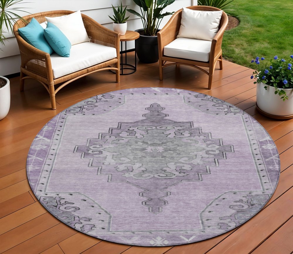 8' Plum And Gray Round Geometric Washable Indoor Outdoor Area Rug HomeRoots