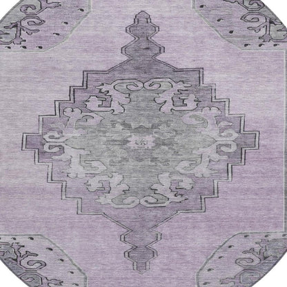 8' Plum And Gray Round Geometric Washable Indoor Outdoor Area Rug HomeRoots