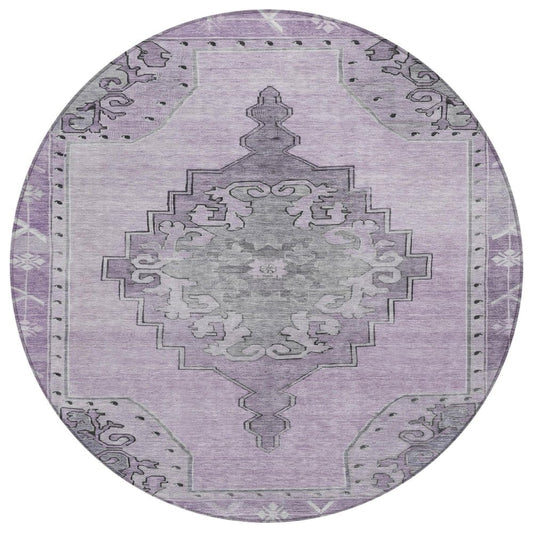 8' Plum And Gray Round Geometric Washable Indoor Outdoor Area Rug