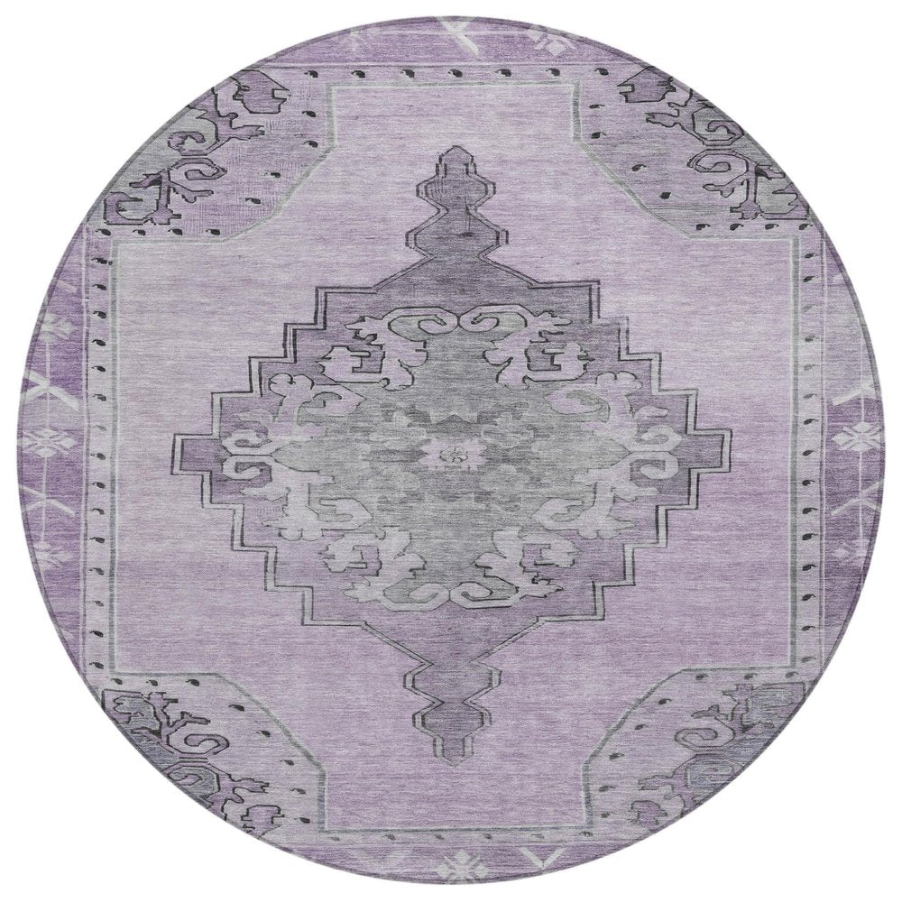 8' Plum And Gray Round Geometric Washable Indoor Outdoor Area Rug — view 1