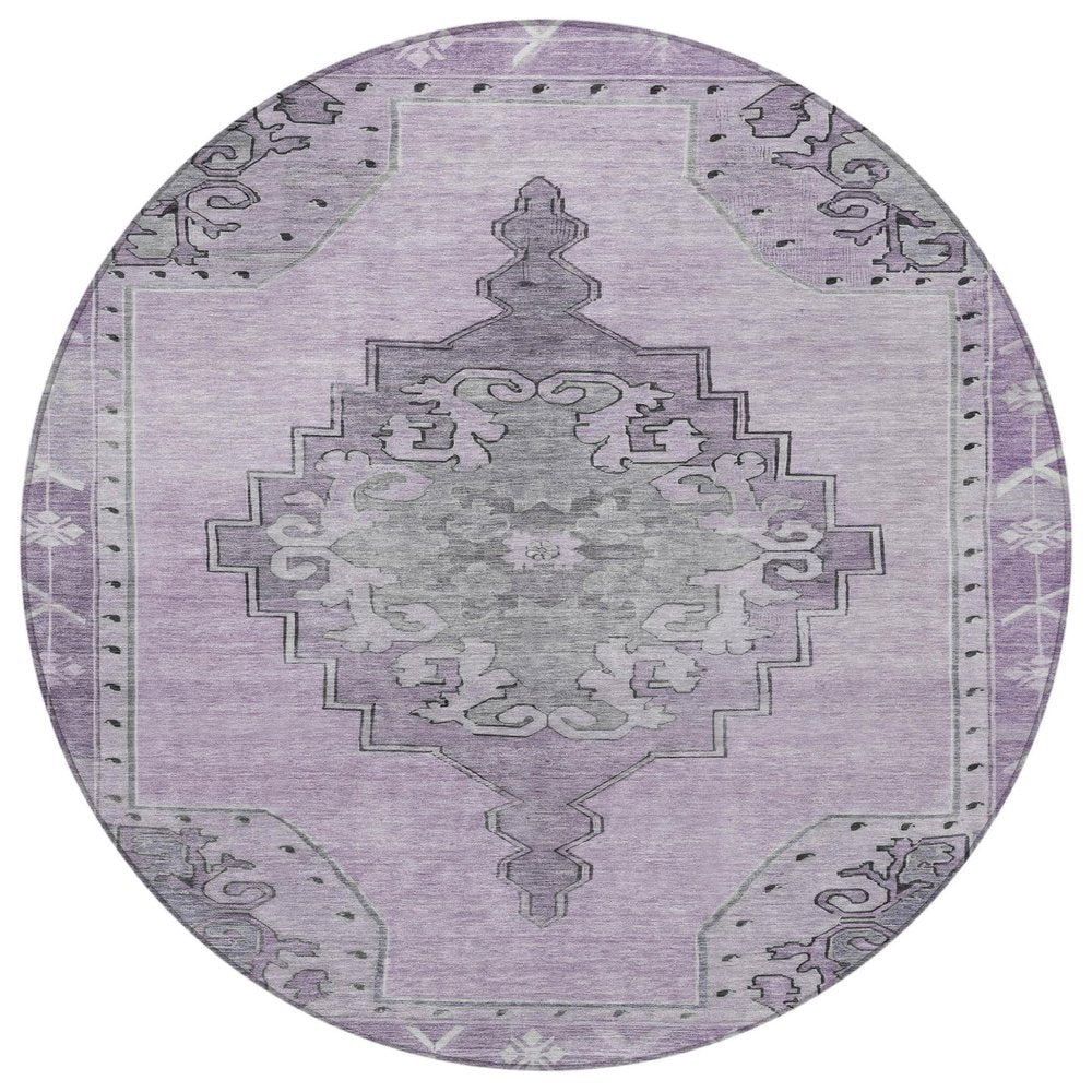 8' Plum And Gray Round Geometric Washable Indoor Outdoor Area Rug — view 5
