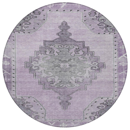 8' Plum And Gray Round Geometric Washable Indoor Outdoor Area Rug HomeRoots