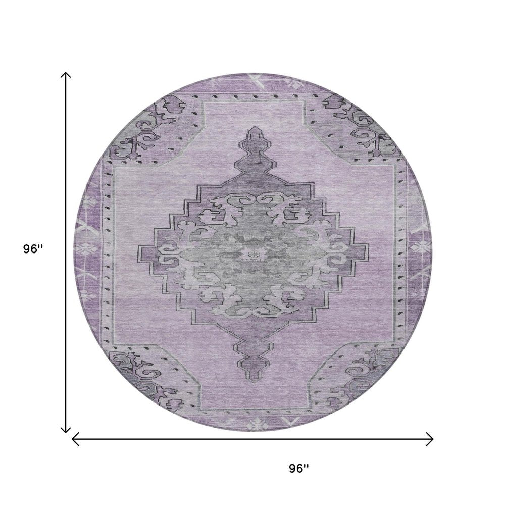 8' Plum And Gray Round Geometric Washable Indoor Outdoor Area Rug — view 6