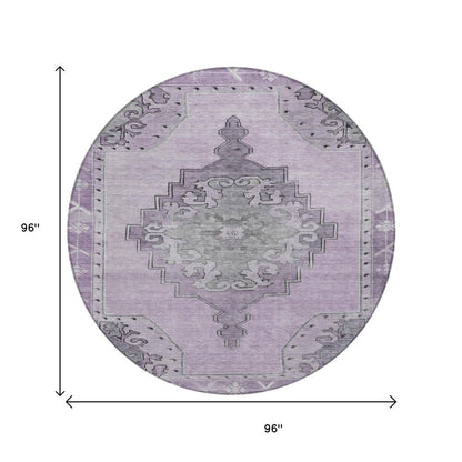 8' Plum And Gray Round Geometric Washable Indoor Outdoor Area Rug