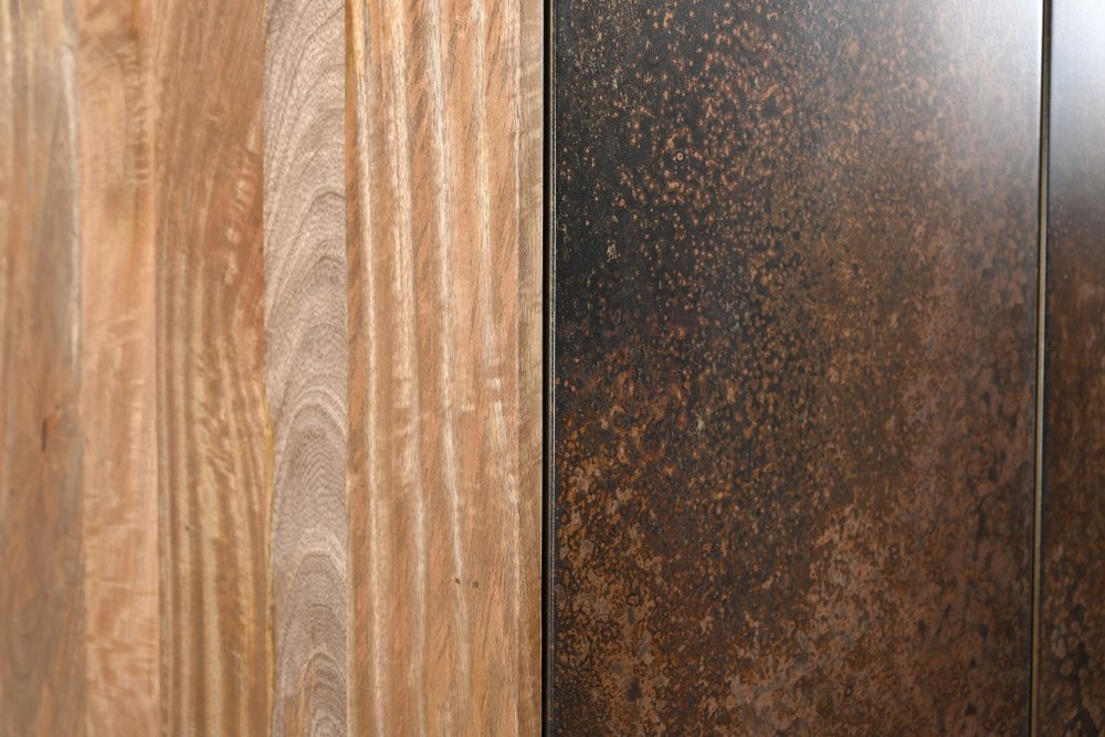 32" Copper and Black Solid Wood and Iron Accent Cabinet With Two Doors HomeRoots