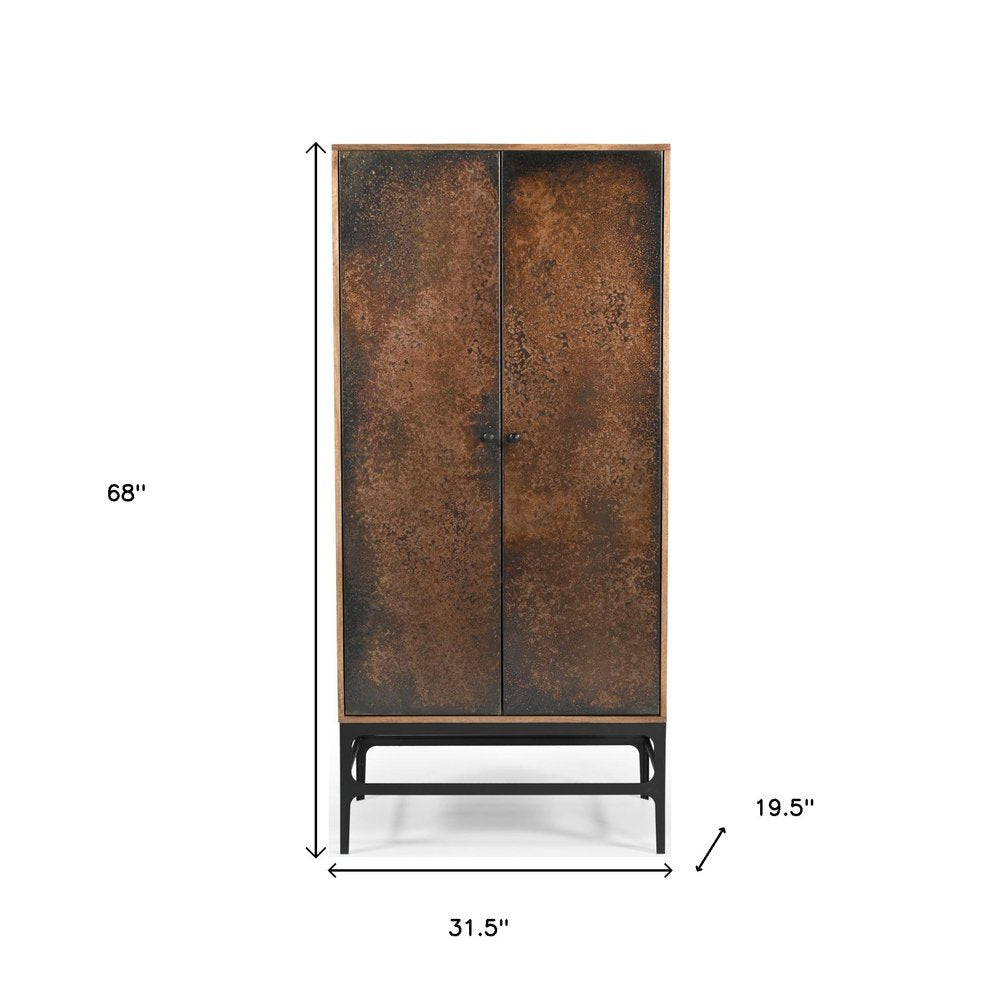 32" Copper and Black Solid Wood and Iron Accent Cabinet With Two Doors HomeRoots