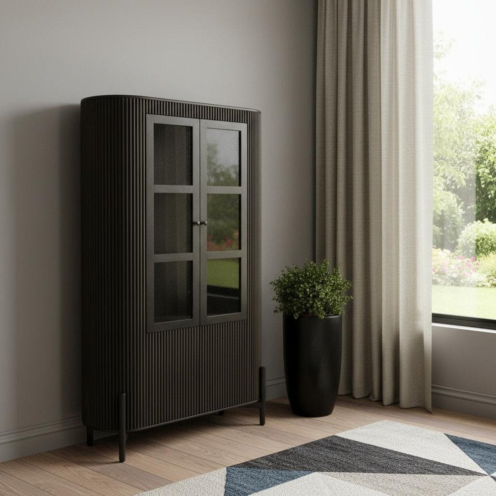 48" Espresso and Black Solid Wood and Iron Accent Cabinet With Four Doors HomeRoots