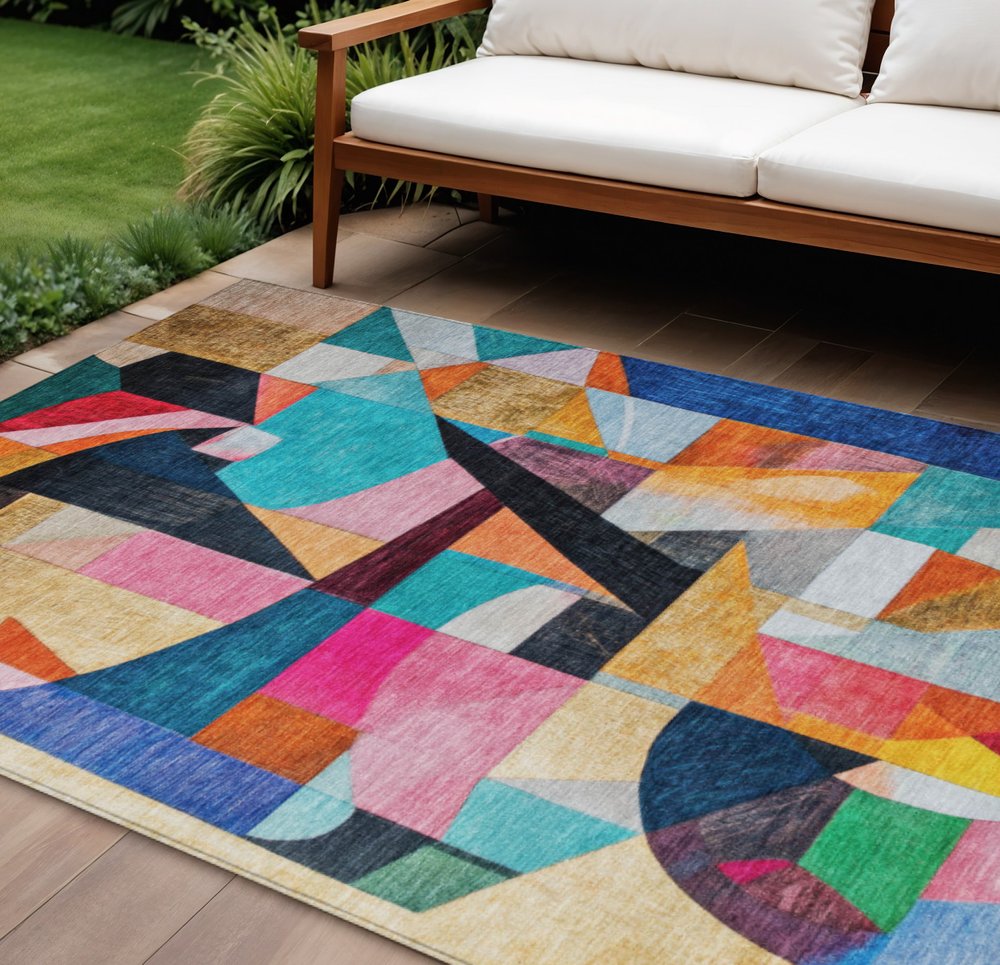 8' X 10' Blue Orange Pink And Yellow Abstract Washable Indoor Outdoor Area Rug — view 1