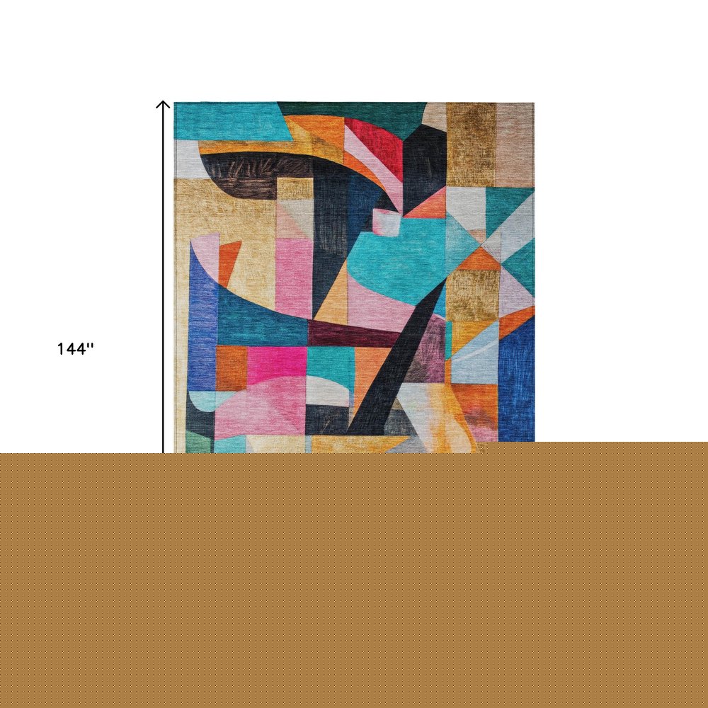 8' X 10' Blue Orange Pink And Yellow Abstract Washable Indoor Outdoor Area Rug — view 41