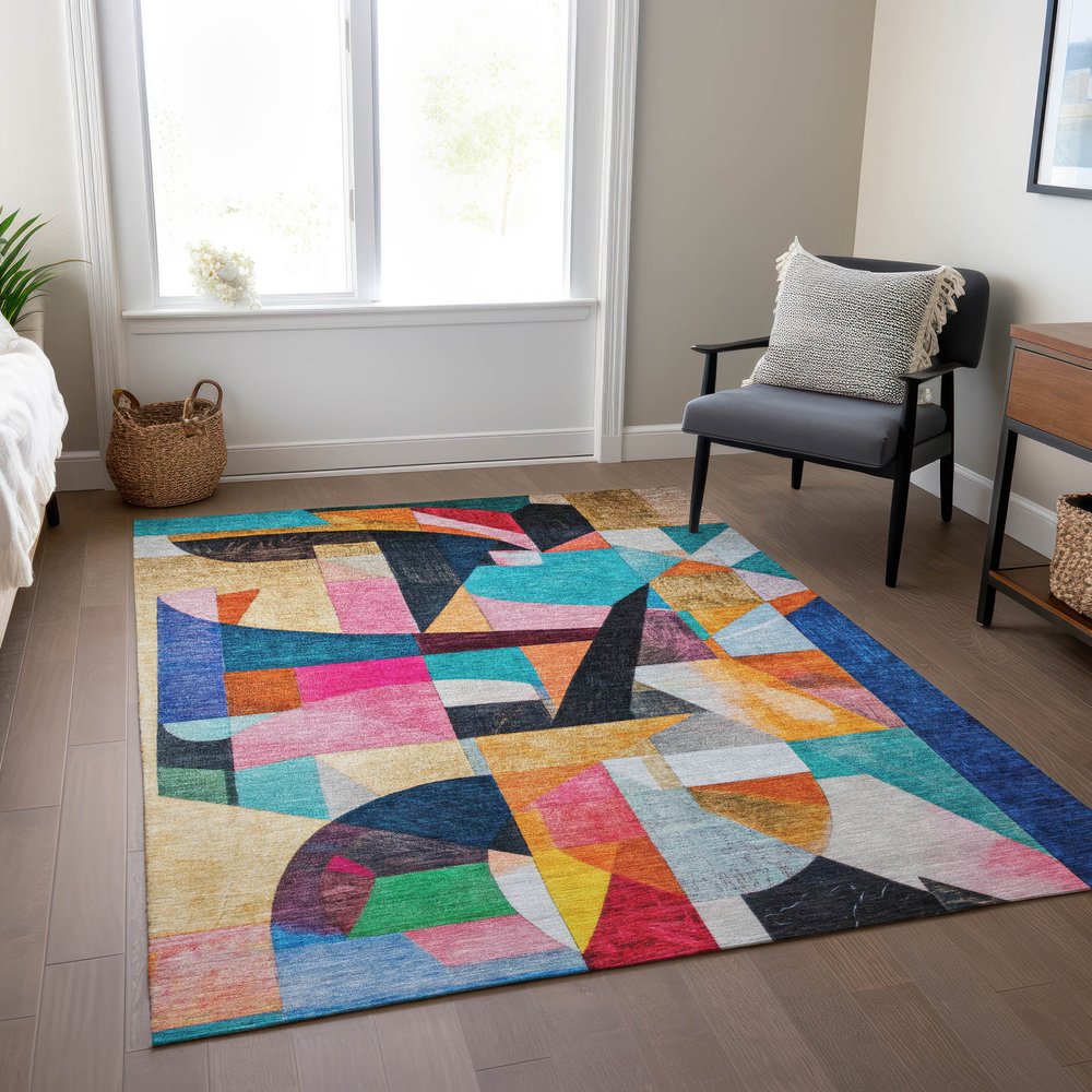 8' X 10' Blue Orange Pink And Yellow Abstract Washable Indoor Outdoor Area Rug HomeRoots