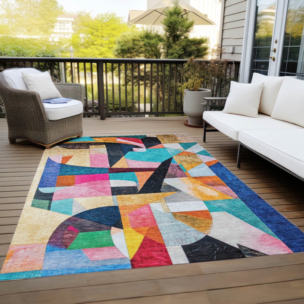 8' X 10' Blue Orange Pink And Yellow Abstract Washable Indoor Outdoor Area Rug — view 36