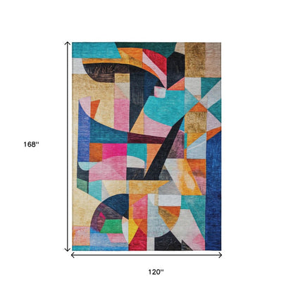 8' X 10' Blue Orange Pink And Yellow Abstract Washable Indoor Outdoor Area Rug HomeRoots