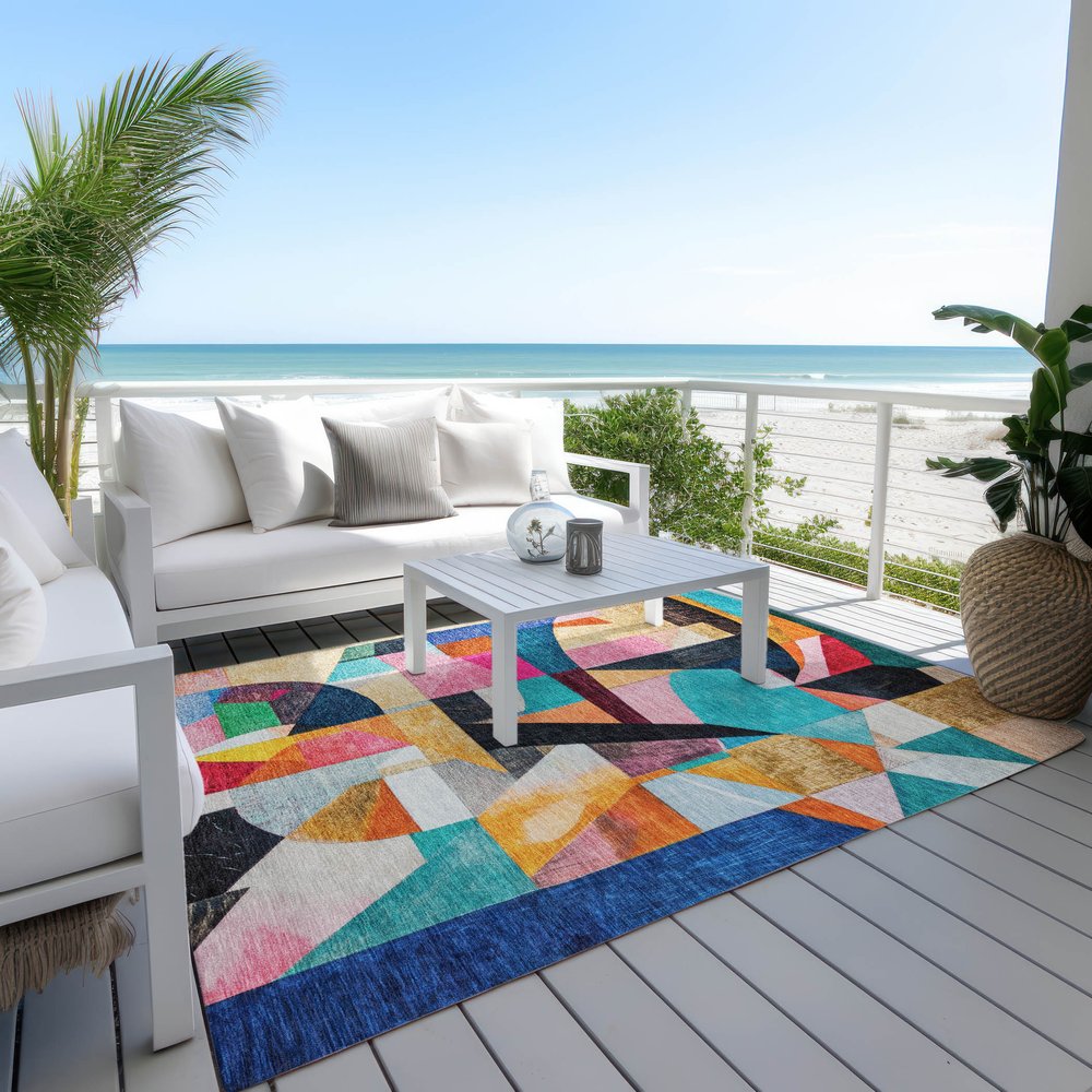 8' X 10' Blue Orange Pink And Yellow Abstract Washable Indoor Outdoor Area Rug — view 47