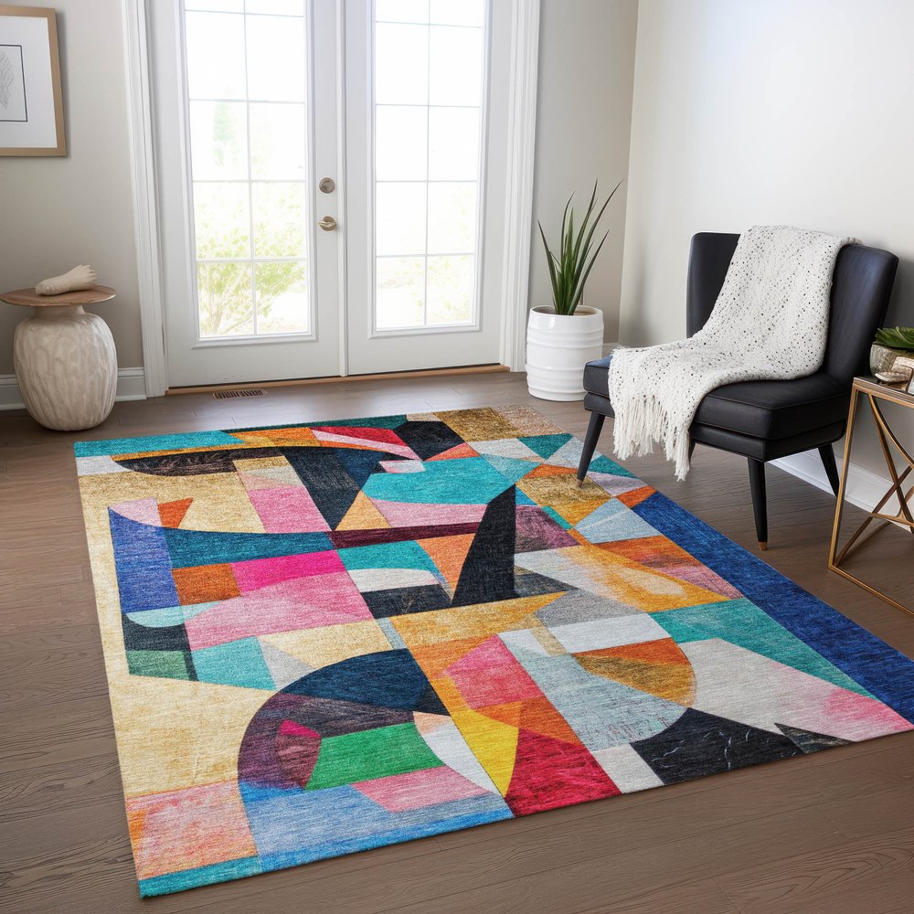 8' X 10' Blue Orange Pink And Yellow Abstract Washable Indoor Outdoor Area Rug HomeRoots