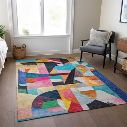 8' X 10' Blue Orange Pink And Yellow Abstract Washable Indoor Outdoor Area Rug HomeRoots