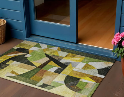 3' X 5' Green Black Gold And Beige Abstract Washable Indoor Outdoor Area Rug HomeRoots