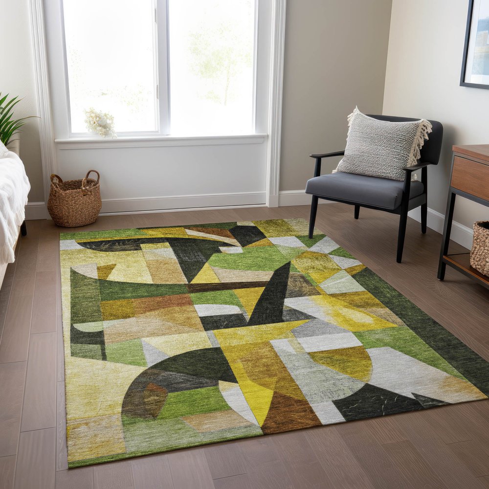 3' X 5' Green Black Gold And Beige Abstract Washable Indoor Outdoor Area Rug — view 9