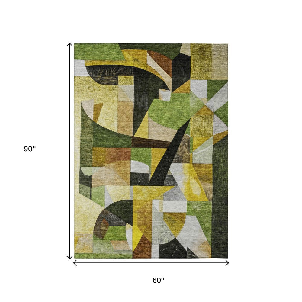 3' X 5' Green Black Gold And Beige Abstract Washable Indoor Outdoor Area Rug HomeRoots