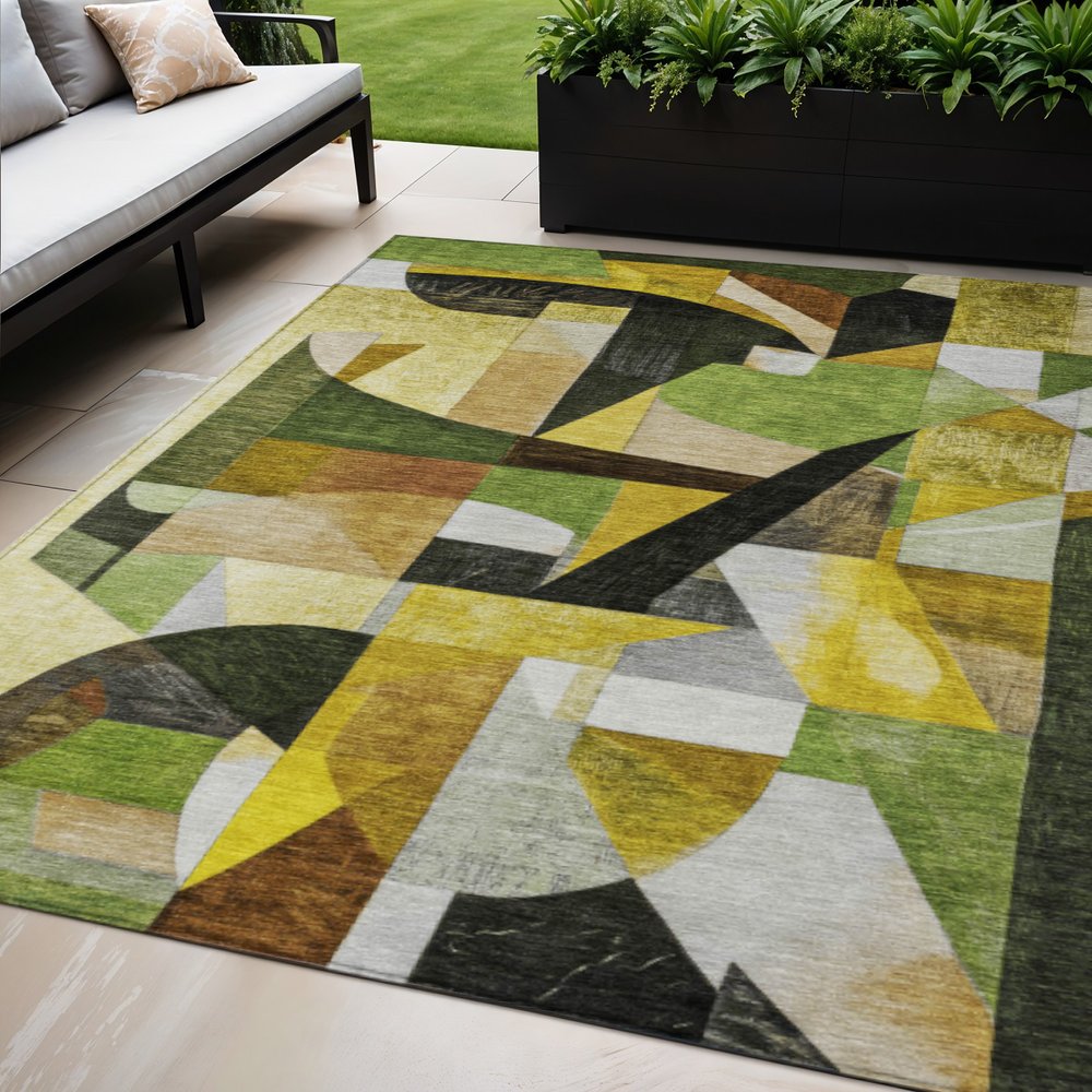 3' X 5' Green Black Gold And Beige Abstract Washable Indoor Outdoor Area Rug — view 27