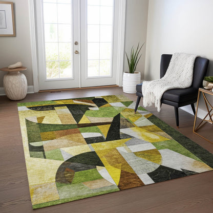 3' X 5' Green Black Gold And Beige Abstract Washable Indoor Outdoor Area Rug HomeRoots
