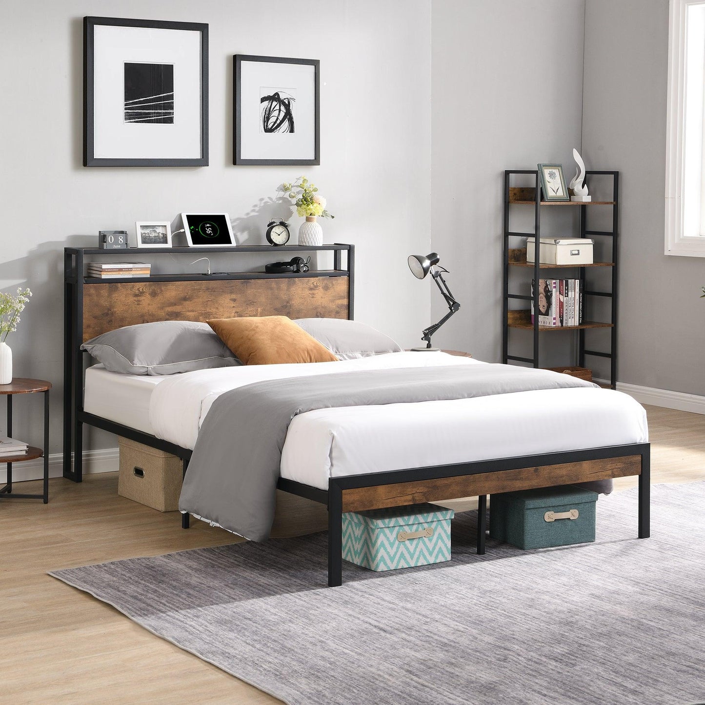 Queen Size Metal Platform Bed Frame with Wooden Headboard and Footboard with USB LINER - FurniFindUSA