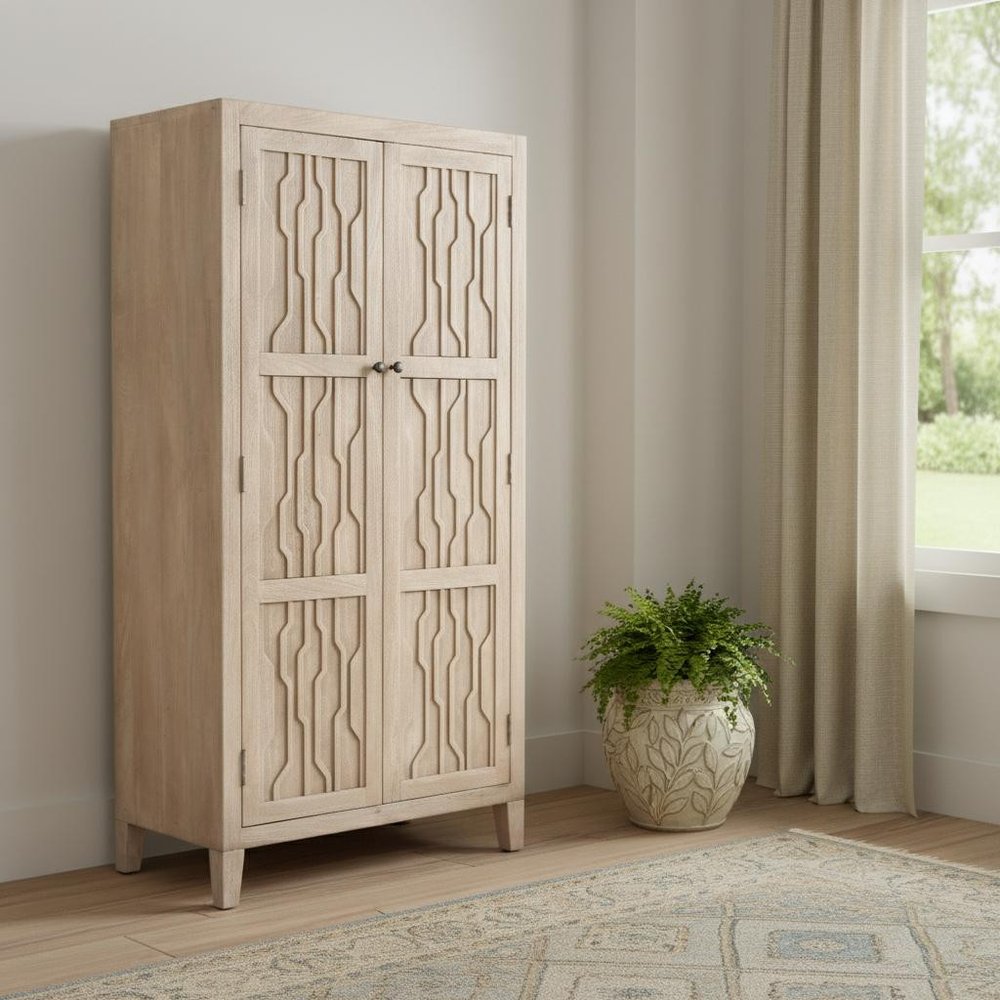 72" Ivory Distressed Solid Wood Frame Accent Cabinet With Two Doors HomeRoots
