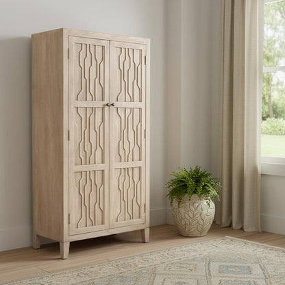 72" Ivory Distressed Solid Wood Frame Accent Cabinet With Two Doors HomeRoots