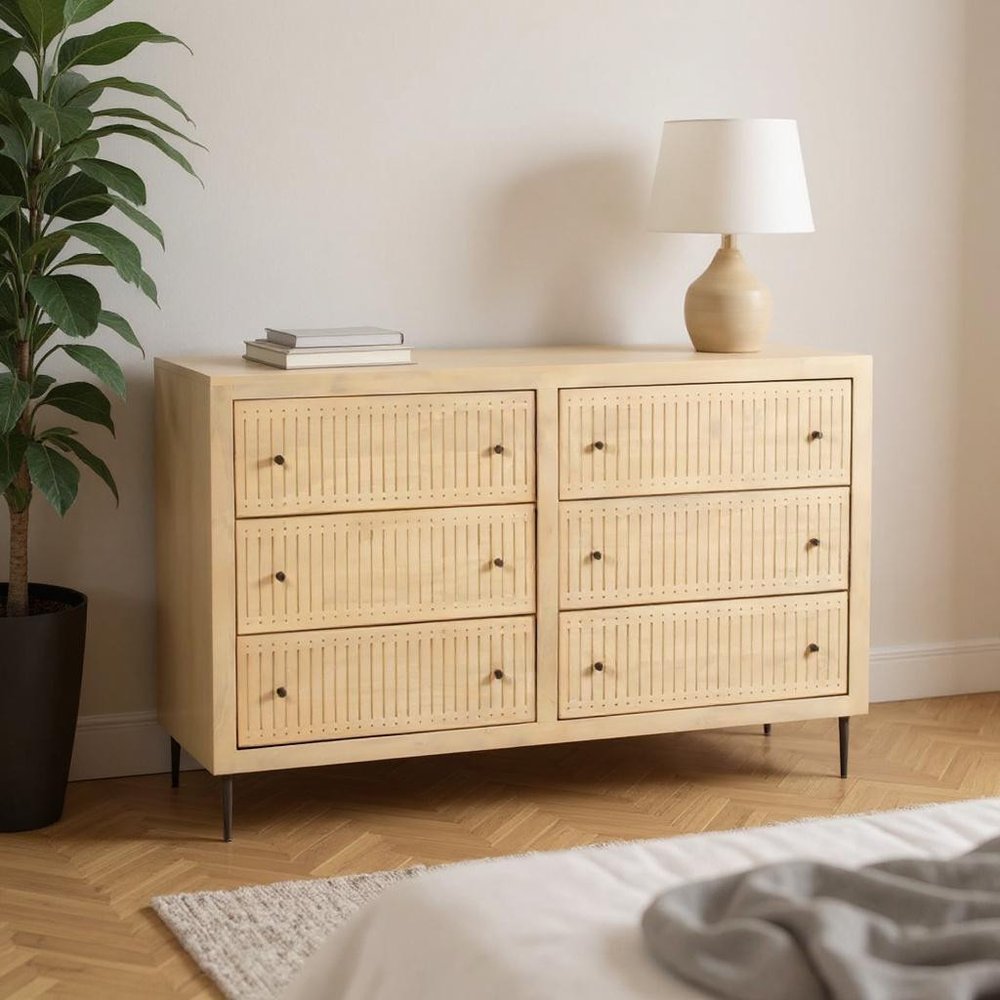 68" Natural Solid Wood Six Drawer Dresser HomeRoots