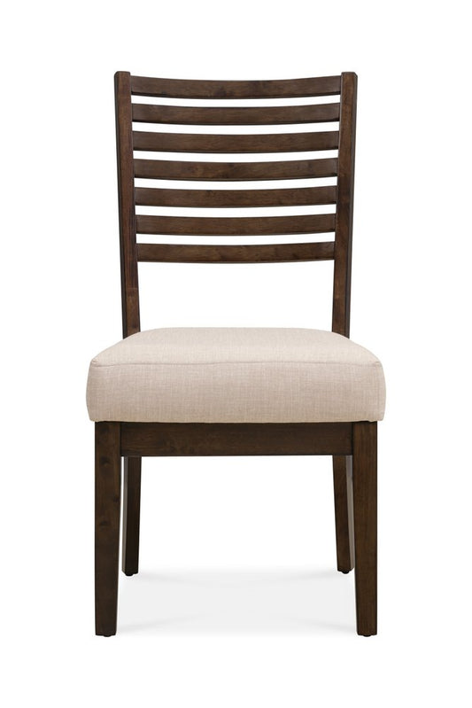 Set of Two Ivory And Dark Brown Linen And Solid Wood Slat Back Dining Side Chairs